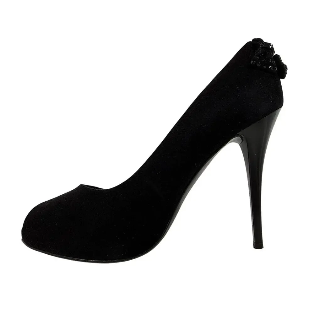 Giuseppe‎ Zanotti Black Suede Bow Embellished Peep Toe Stiletto Sandals 37 EU